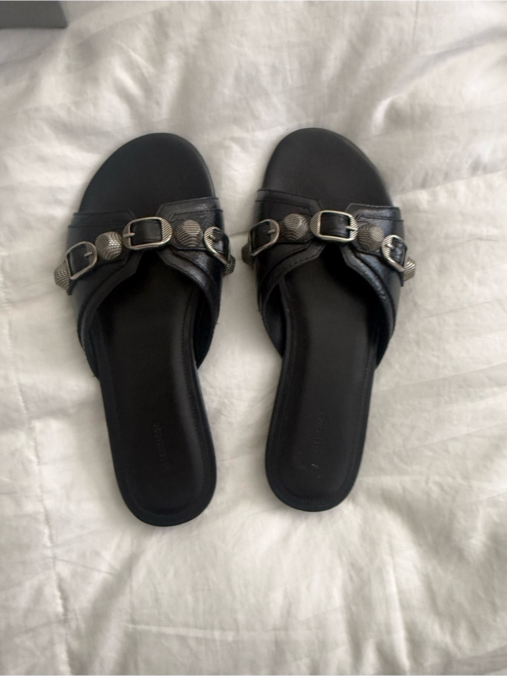 Balenciaga Black Slide Mules with Silver Buckle Chain